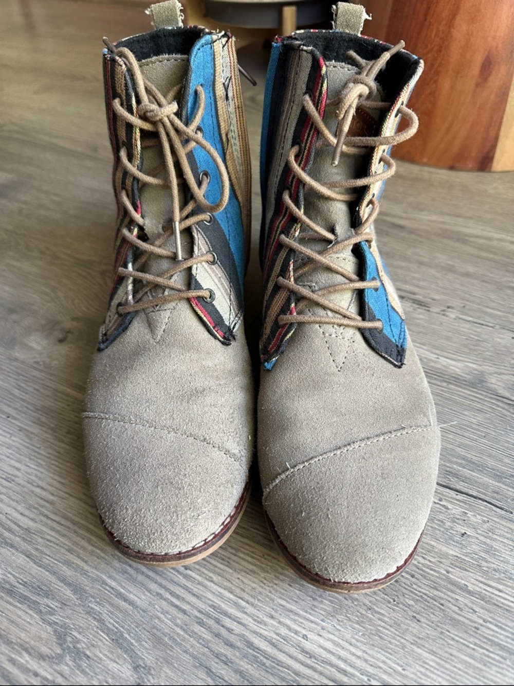 Toms Women's Tan Suede Combat Boots with Blue and Black Accents